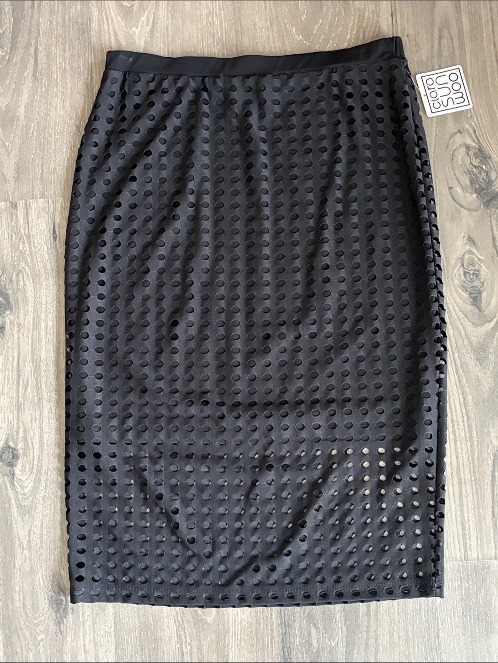 NWT Clara Sun Woo Black Perforated Laser Cut Textured Pencil Midi Skirt